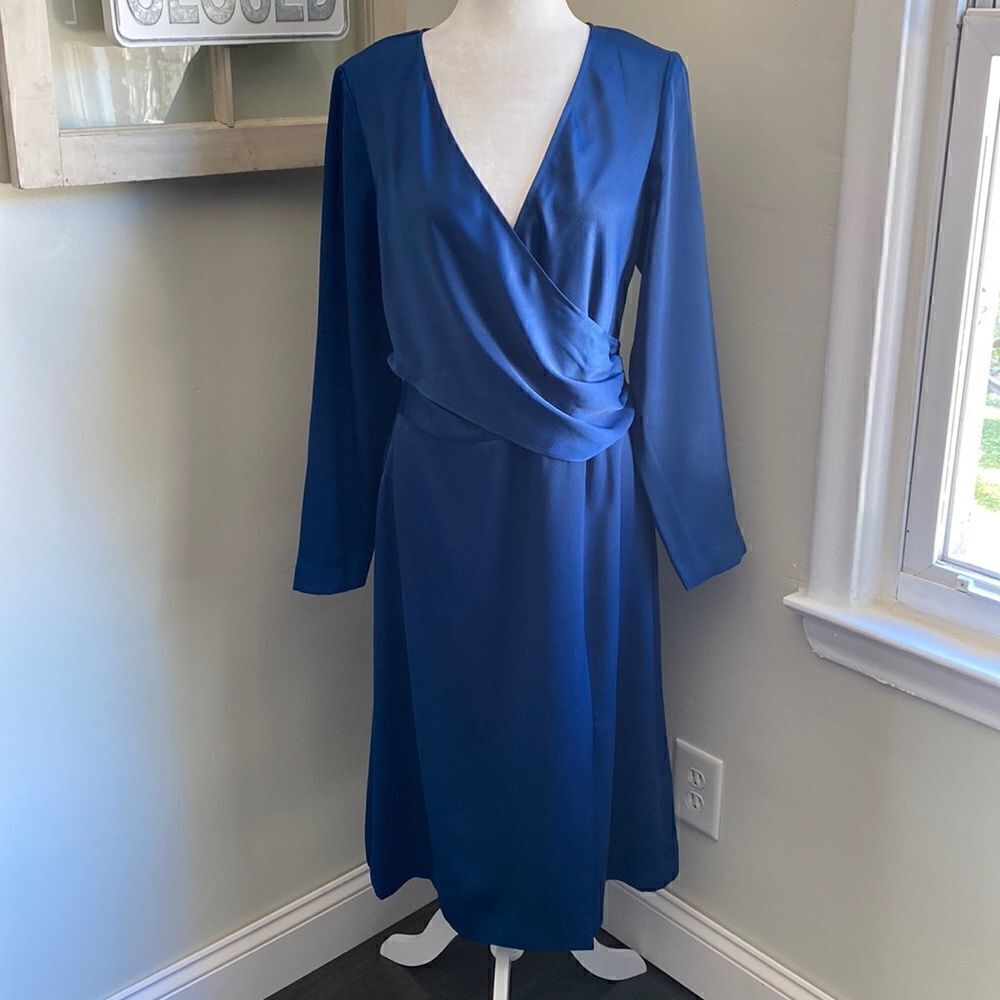 IRIS & Ink Wrap Top Long Sleeve Navy Midi Dress